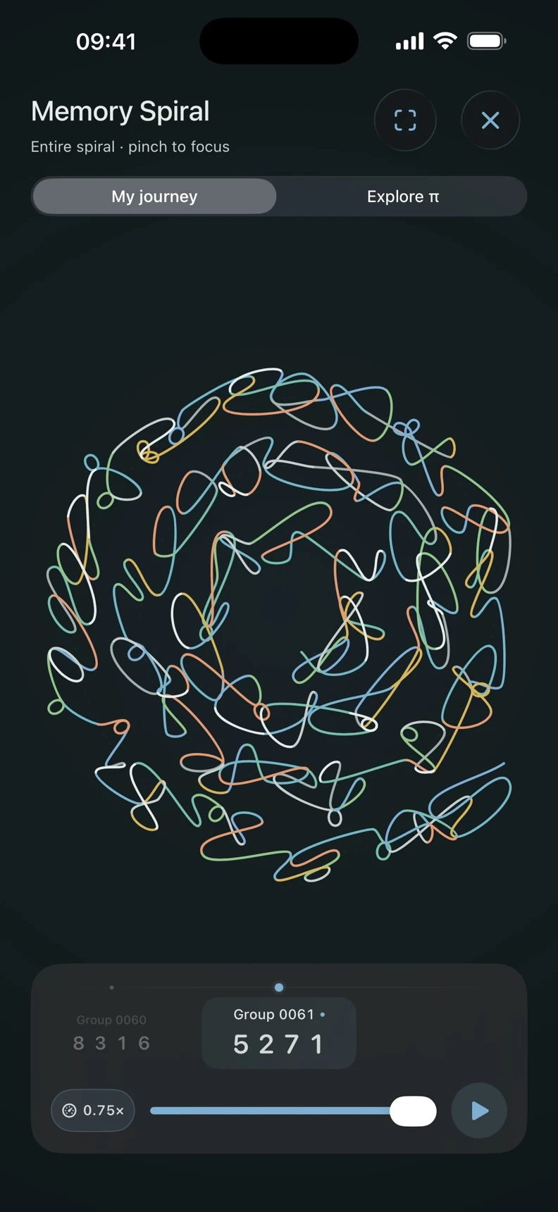 The Memory Spiral arranges colorful digit glyphs into a growing spiral, with controls for exploring and playing the sequence.