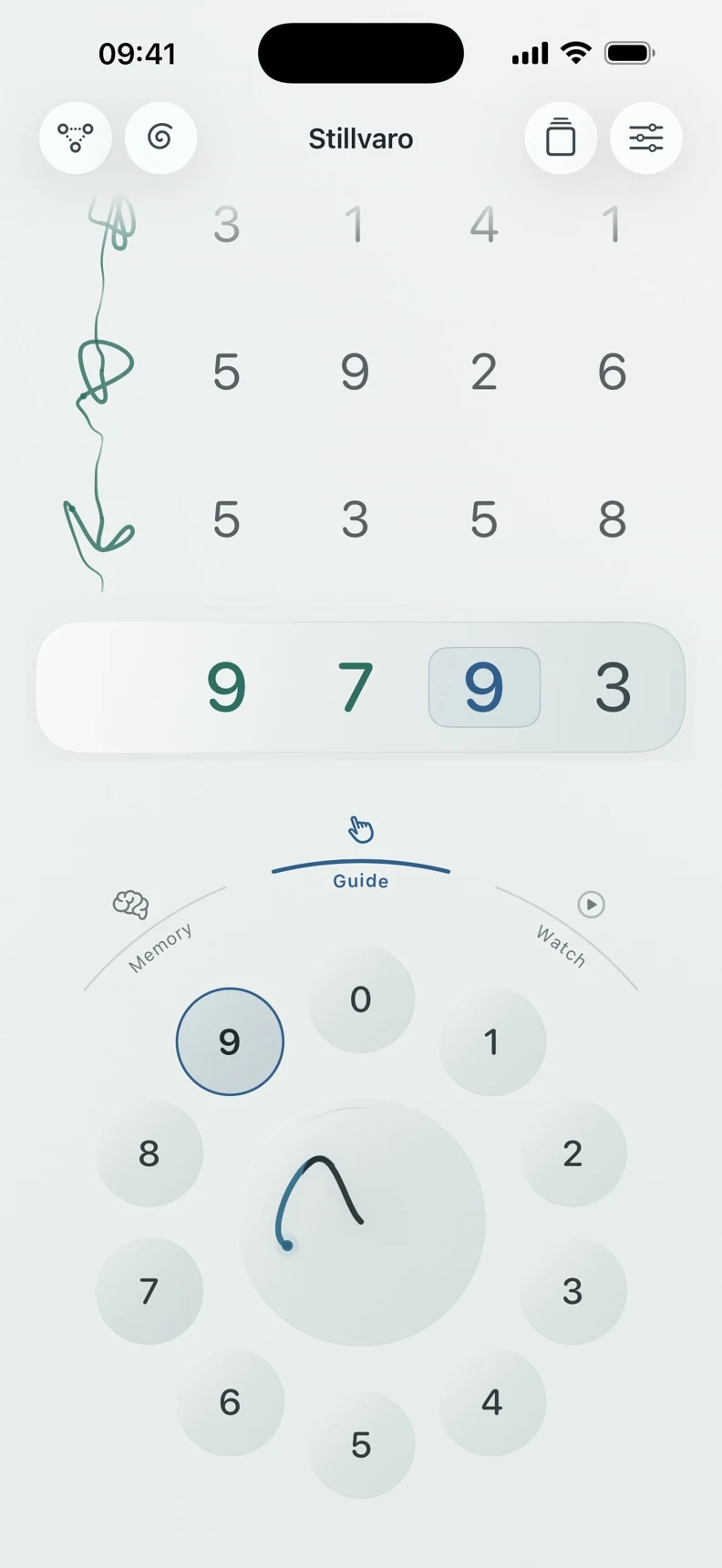 Stillvaro Guide highlights the next digit on a circular dial as a four-digit glyph takes shape.