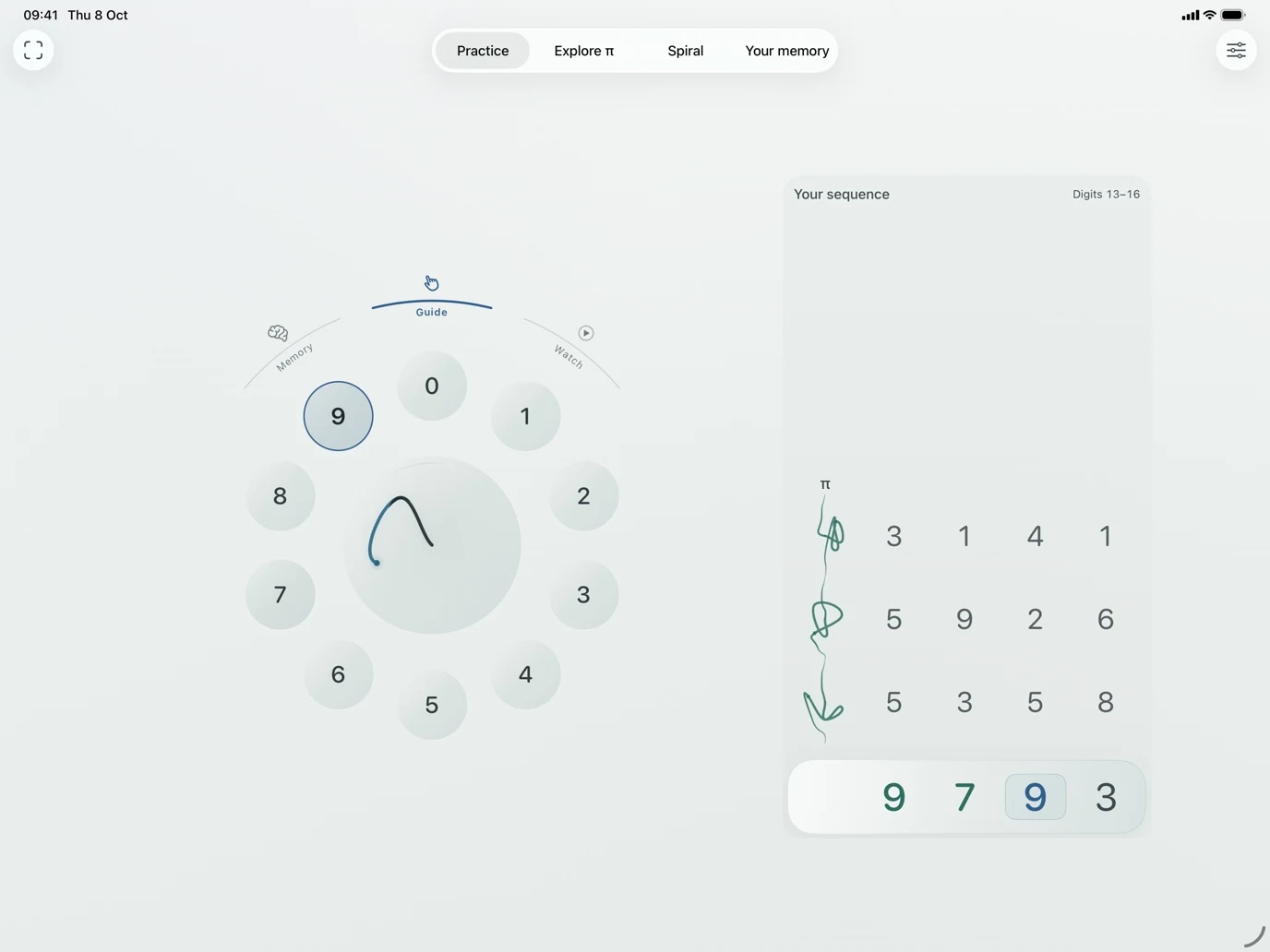 Stillvaro on iPad in landscape, with the circular digit dial beside the sequence and navigation across the top.